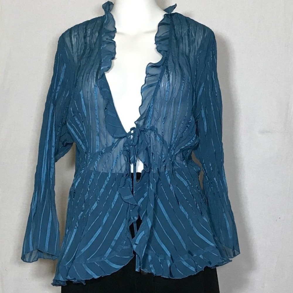 Y2K Notations TealBlue Sheer Ruffle Tie Front Blouse XL Satin Stripe Long Sleeve